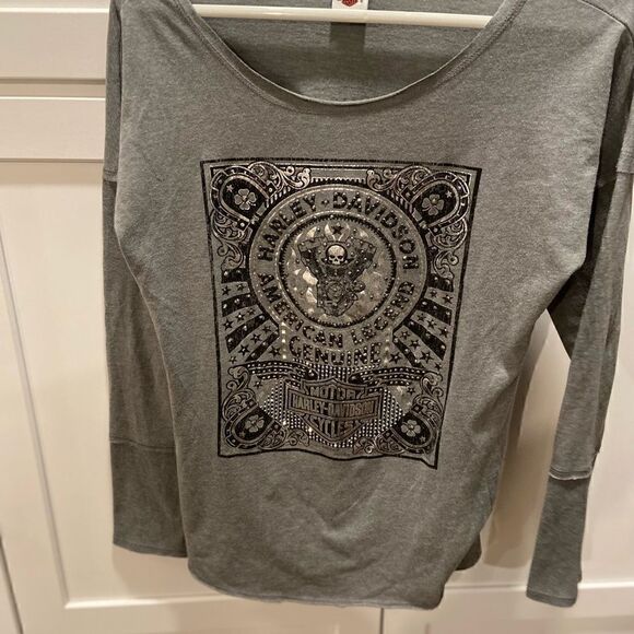Harley Davidson Womens Long Sleeve Shirt Gray Silver BLING Logo SKULLS Pullover - Picture 1 of 10